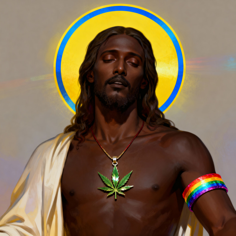 Black Jesus with Colorful Halo and Unique Accessories