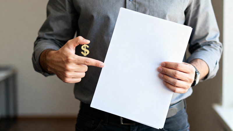 Man Showcasing A4 Document with Money Gesture