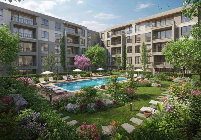 Modern 5-Story Apartment Garden with Pool Design