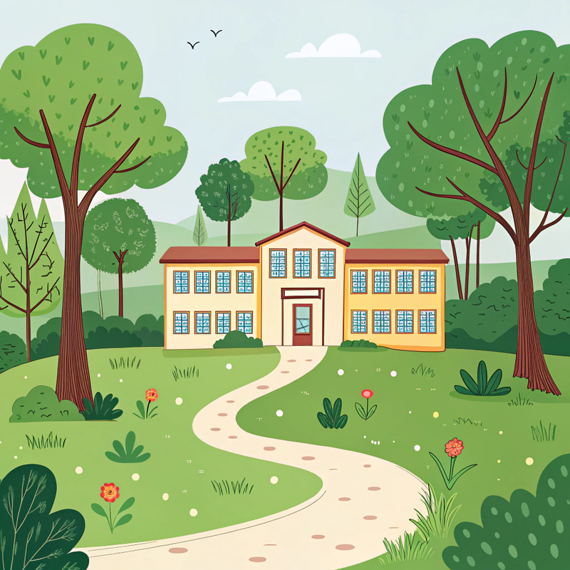 2D Cartoon Elementary School in a Green Park 2D Cartoon Elementary School in a Green Park