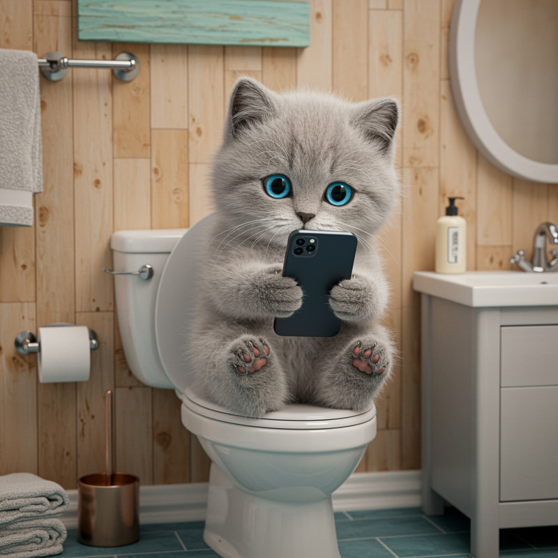 Adorable Gray Kitten on Toilet: A Whimsical Scene Adorable Gray Kitten on Toilet: A Whimsical Scene