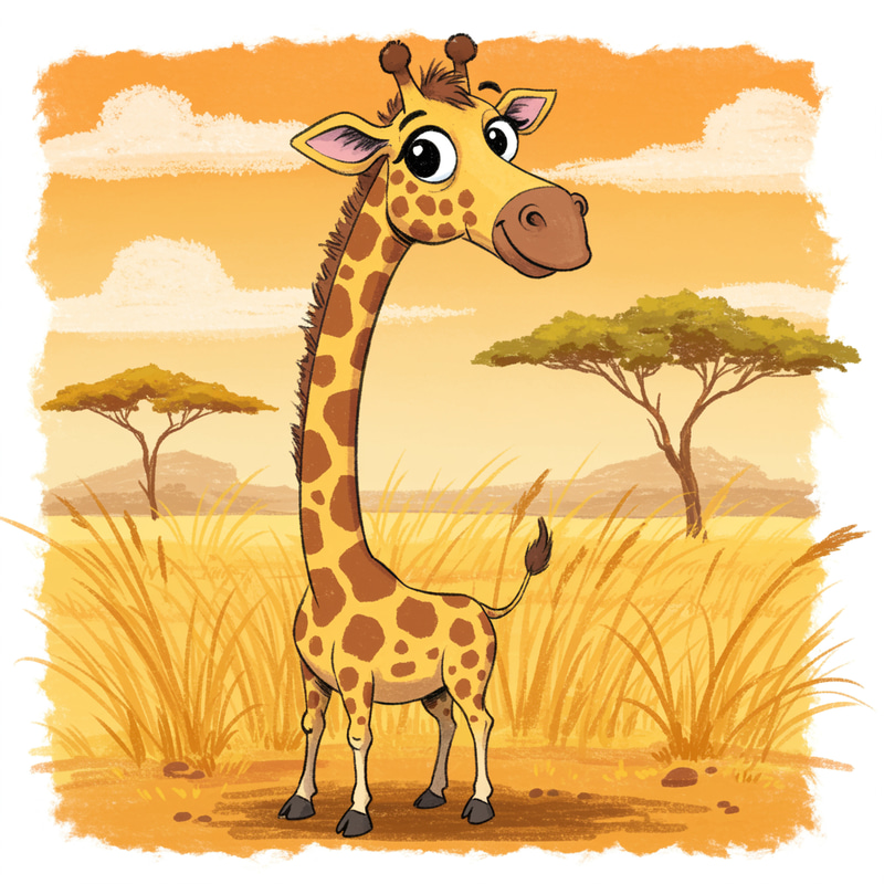 Funny Young Giraffe Drawing in the Savanna Funny Young Giraffe Drawing in the Savanna