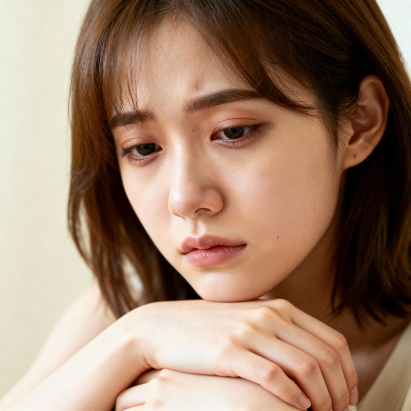 24-Year-Old Girl with Brown Hair and Sad Eyes