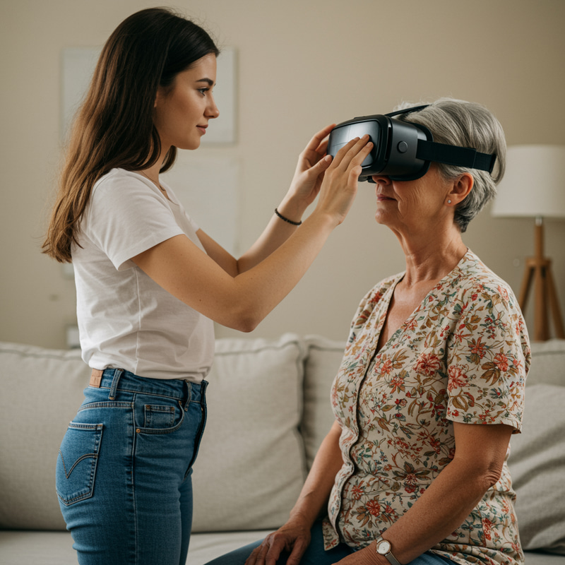 Daughter Helps Mom with VR Glasses Daughter Helps Mom with VR Glasses