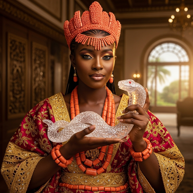 Regal Nigerian Queen Holding Crystal Snake Statue