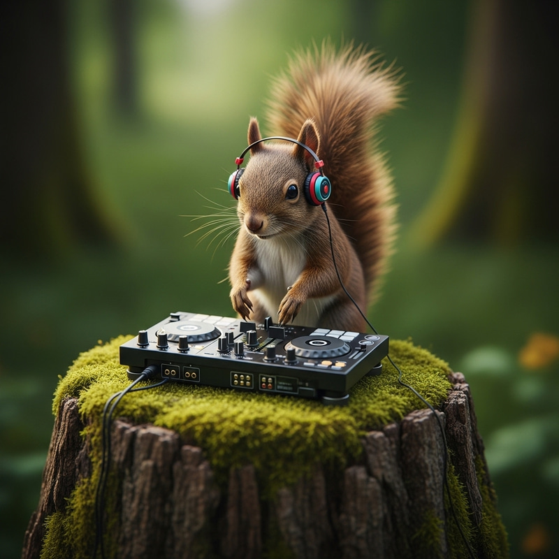 Squirrel DJ: Fun Image of a DJ Deck Performance Squirrel DJ: Fun Image of a DJ Deck Performance