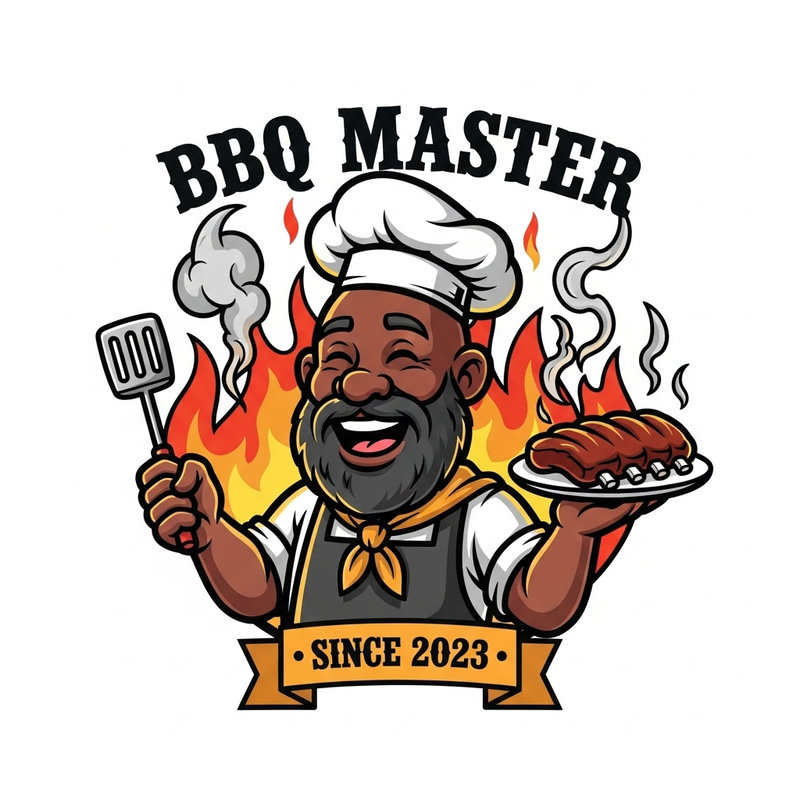 BBQ Cook Logo: Cartoon Gray Bearded Blackman BBQ Cook Logo: Cartoon Gray Bearded Blackman