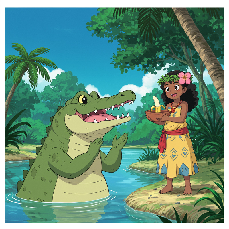 Kawaii Crocodile & Tahitian Girl Anime Art