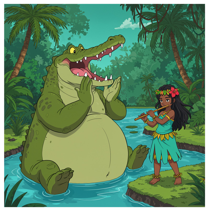 Friendly Green Giant Crocodile & Anime Island Girl