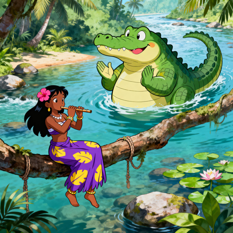 Friendly Crocodile and Anime Islander Girl Adventure