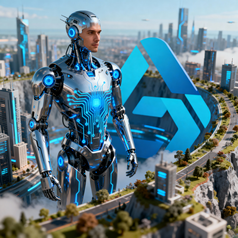 Hyper-Realistic Male Robot in Futuristic Cityscape