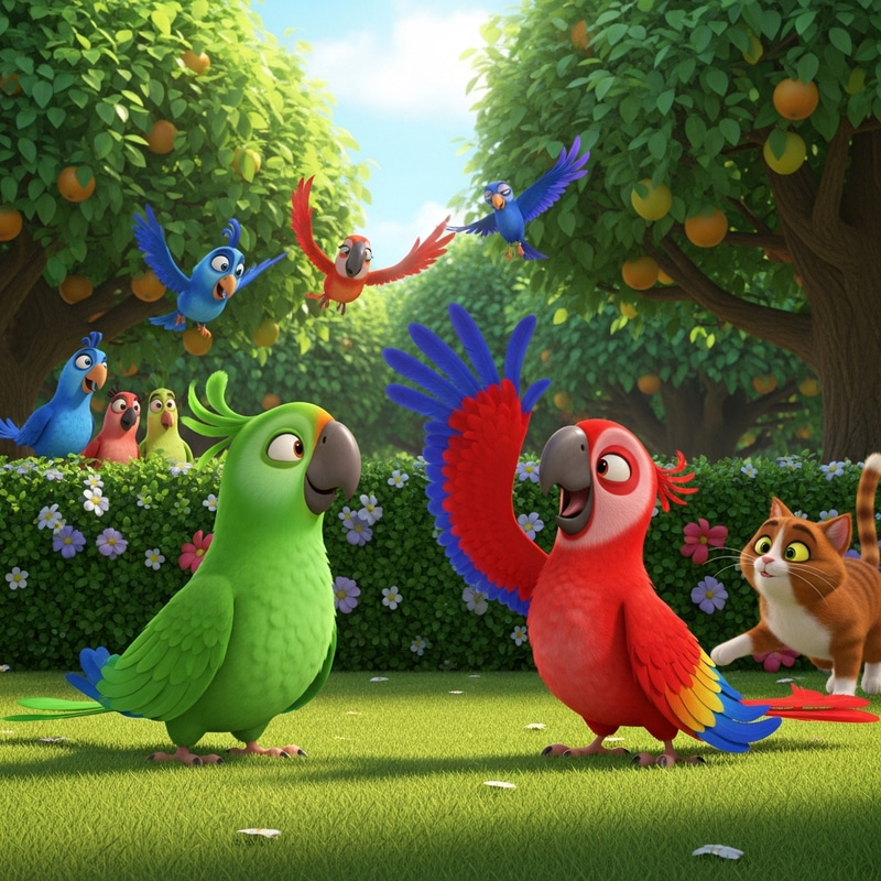 Vibrant 3D Animated Parrot Adventure in a Garden