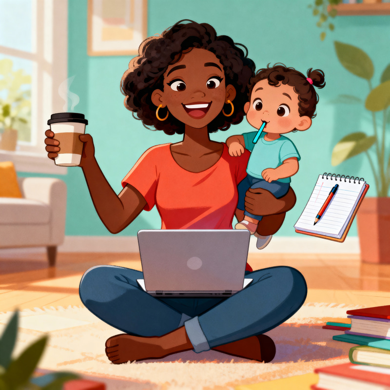 Multitasking Black Mom: A Cheerful Cartoon Multitasking Black Mom: A Cheerful Cartoon