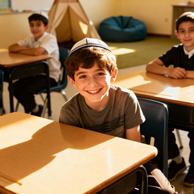 Joyful Hasidic Boy in Modern Attire - Captivating Smile Joyful Hasidic Boy in Modern Attire - Captivating Smile