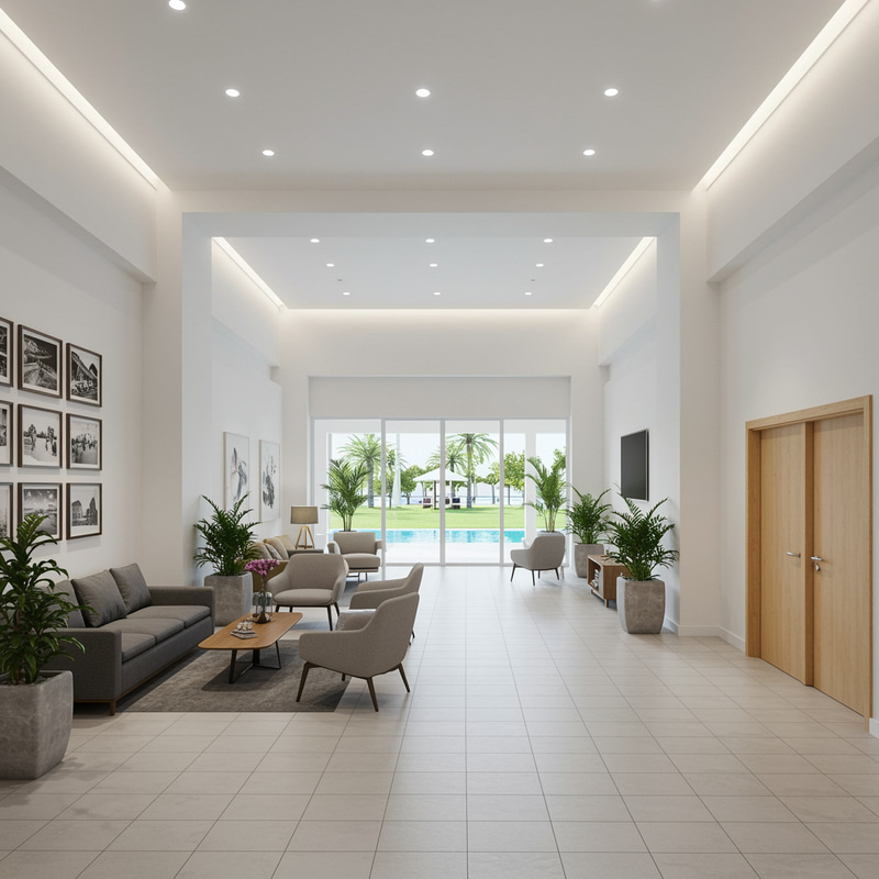Elegant Lobby Design with Glass Door to Outdoor Pool