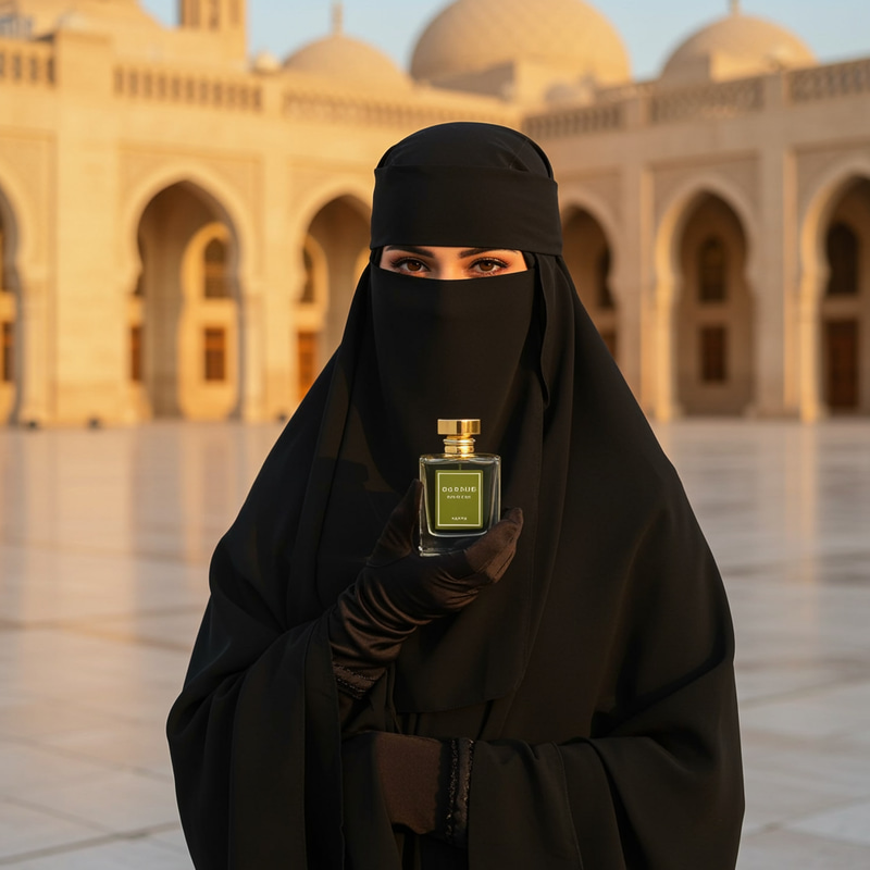 Elegant Muslim Woman with Perfume Bottle Elegant Muslim Woman with Perfume Bottle