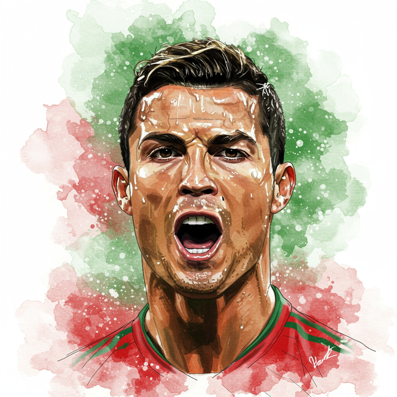 Cristiano Ronaldo Watercolor Art: Intense Action Shot Cristiano Ronaldo Watercolor Art: Intense Action Shot
