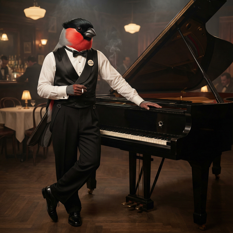 Anthropomorphic Japanese Bullfinch Pianist Portrait
