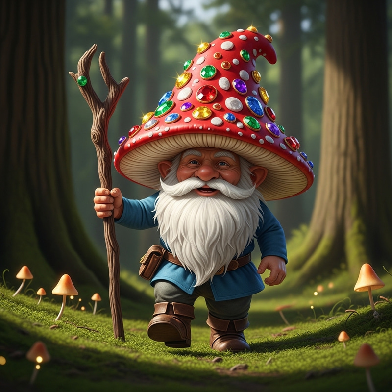 Gnome with Gem-Encrusted Mushroom Hat