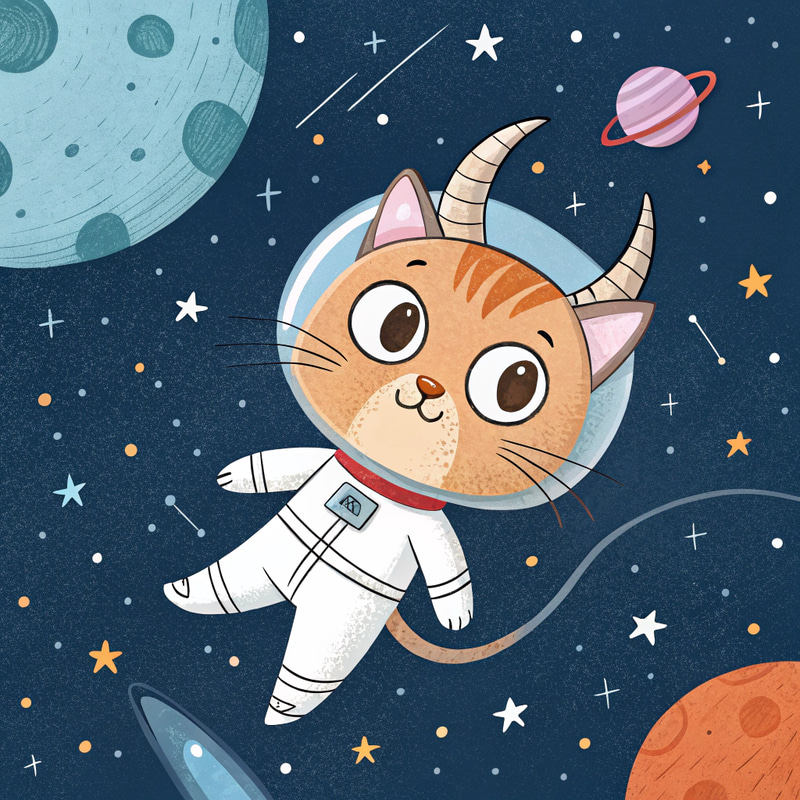 Horned Cat in Space - Unique Fantasy Art Horned Cat in Space - Unique Fantasy Art