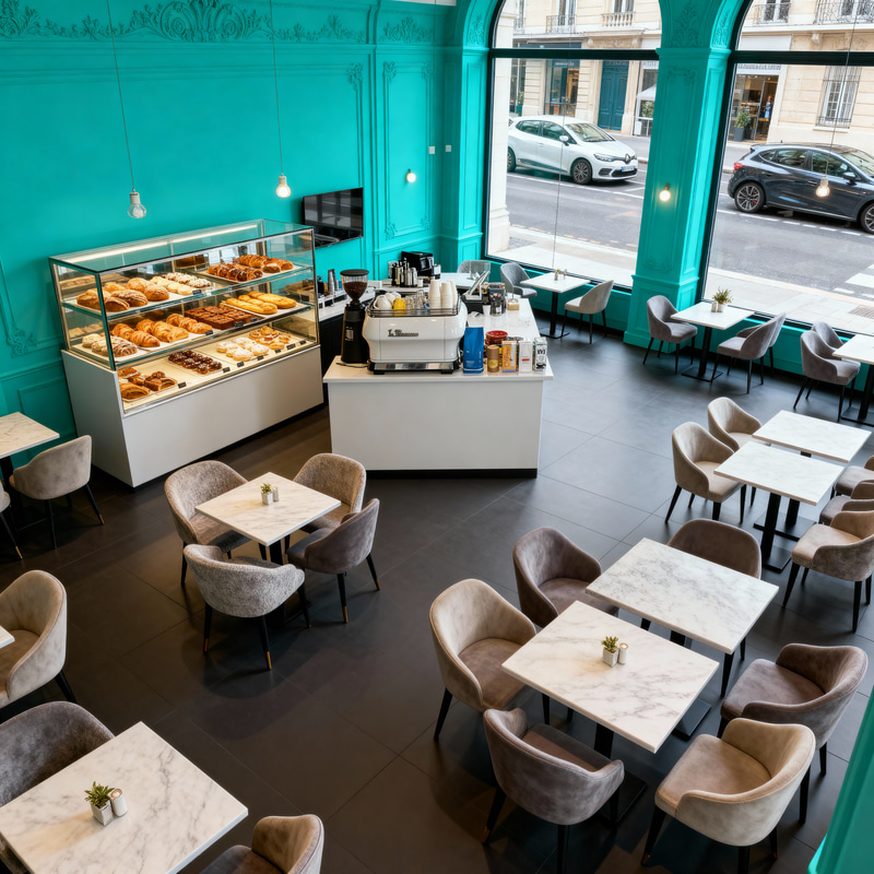Elegant French Teal Café Design for Spacious Comfort