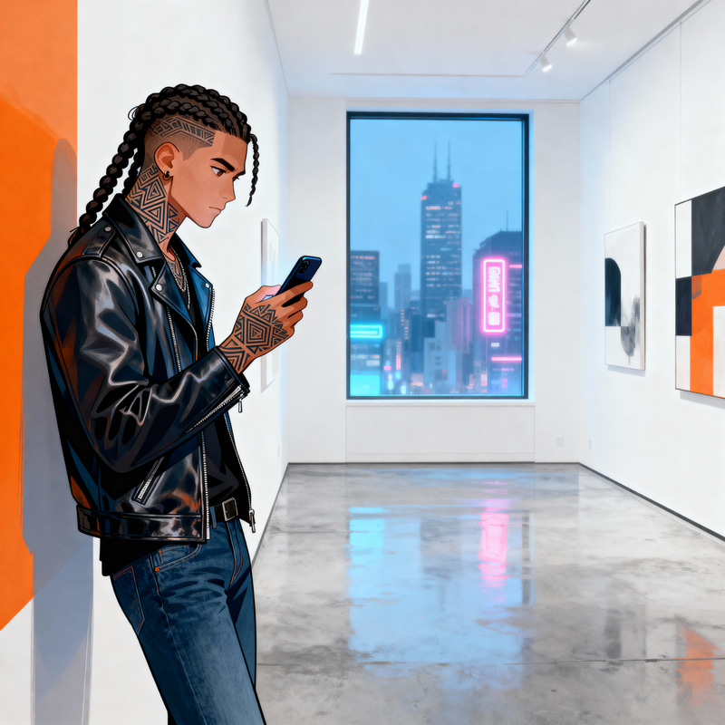 Stylized Urban Character Focused on Smartphone