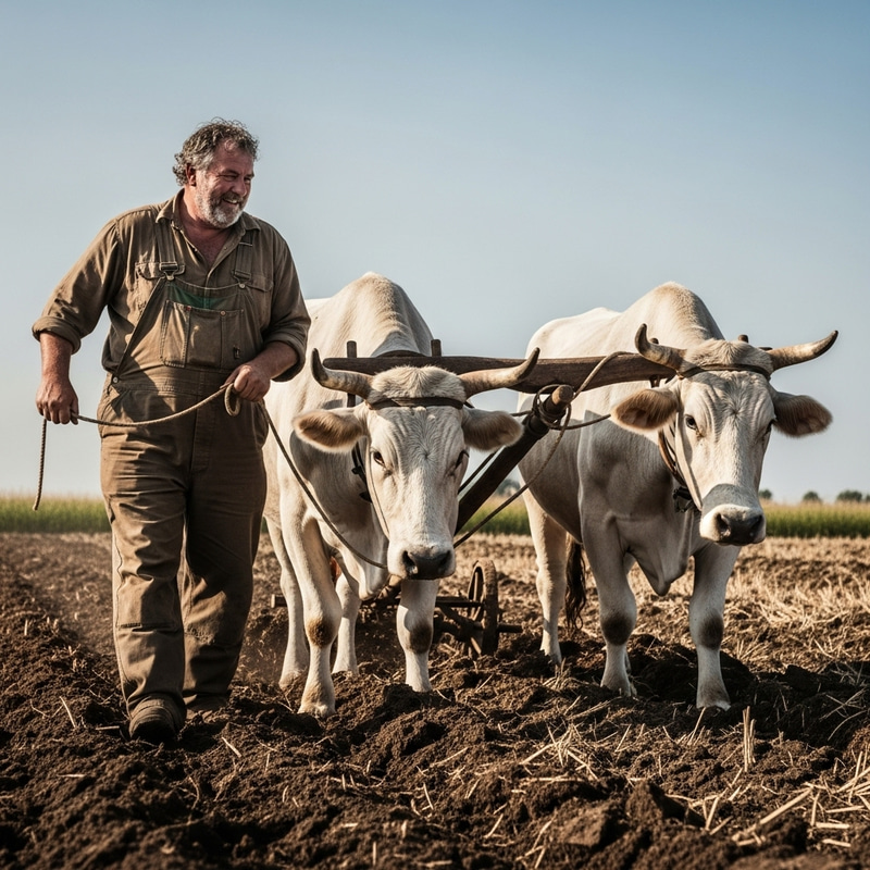 Fat Man Farming with Ox Plough and White Oxen Fat Man Farming with Ox Plough and White Oxen