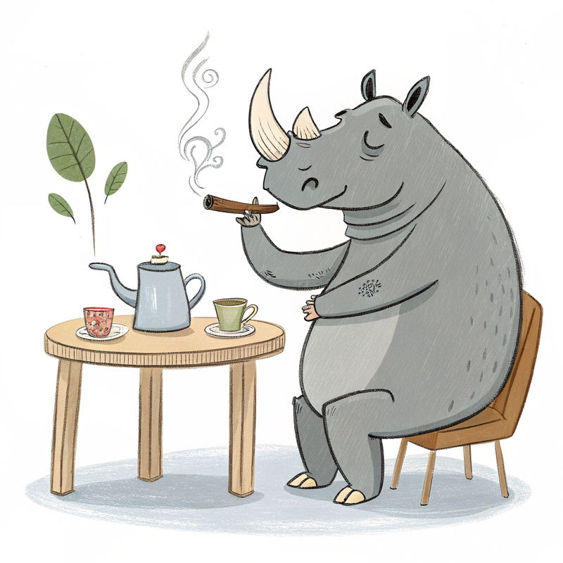 Smoking Rhino with Cigar: Quirky Table Scene