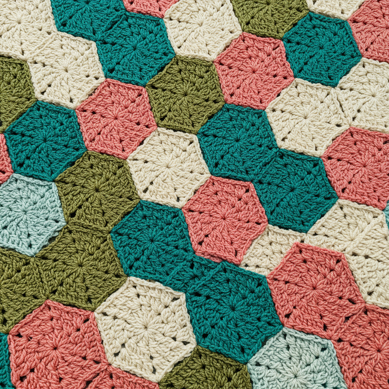 Colorful Crochet Quilt with Teal and Coral Hexagons