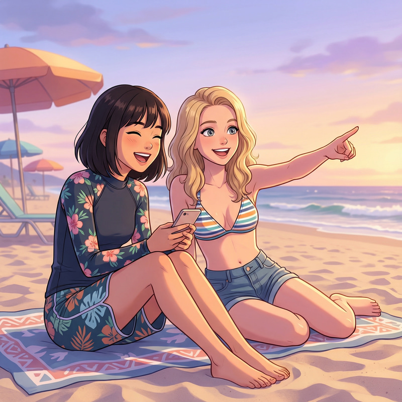 Cheerful Beach Friendship: Anime Girls in Swimsuits Cheerful Beach Friendship: Anime Girls in Swimsuits