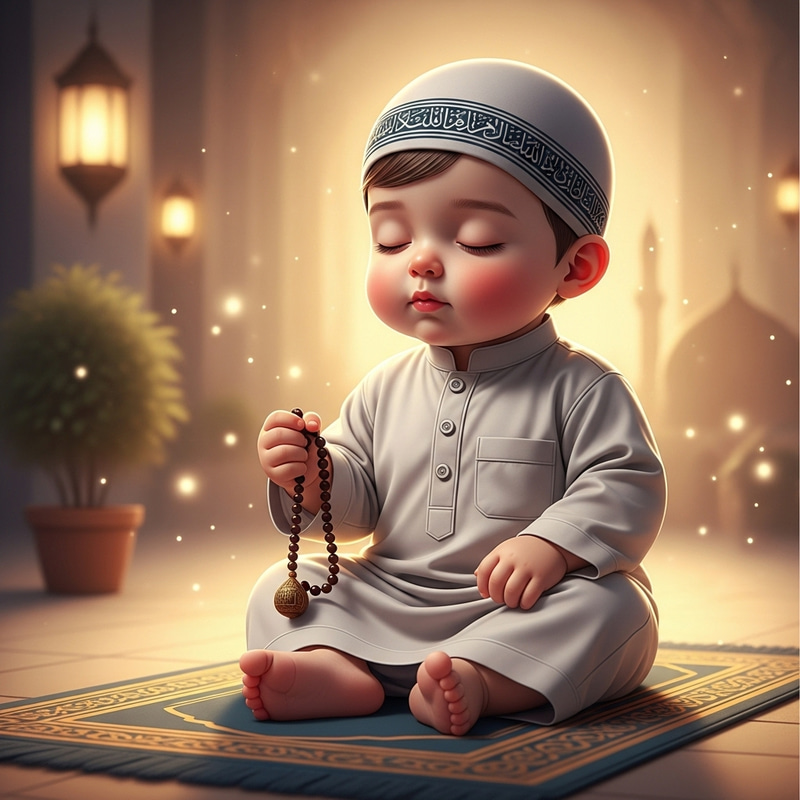 Charming Muslim Baby on Prayer Mat with Tasbeeh Charming Muslim Baby on Prayer Mat with Tasbeeh