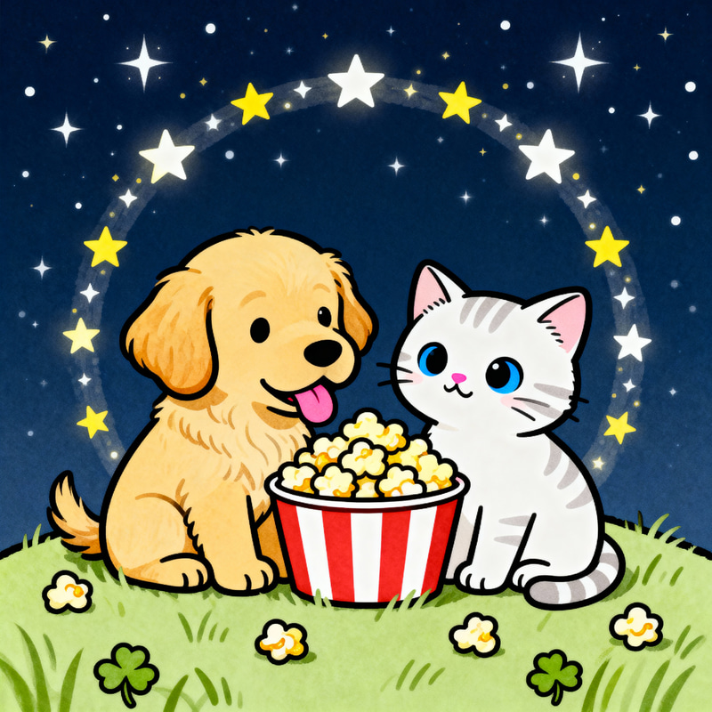 Puppy and Kitten Sharing Popcorn Under Stars Puppy and Kitten Sharing Popcorn Under Stars