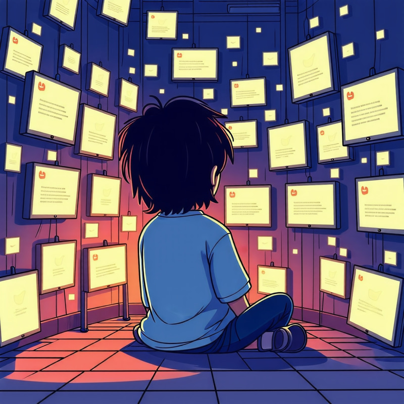 Sadness in a Digital World: Person Surrounded by Social Media Notifications Sadness in a Digital World: Person Surrounded by Social Media Notifications