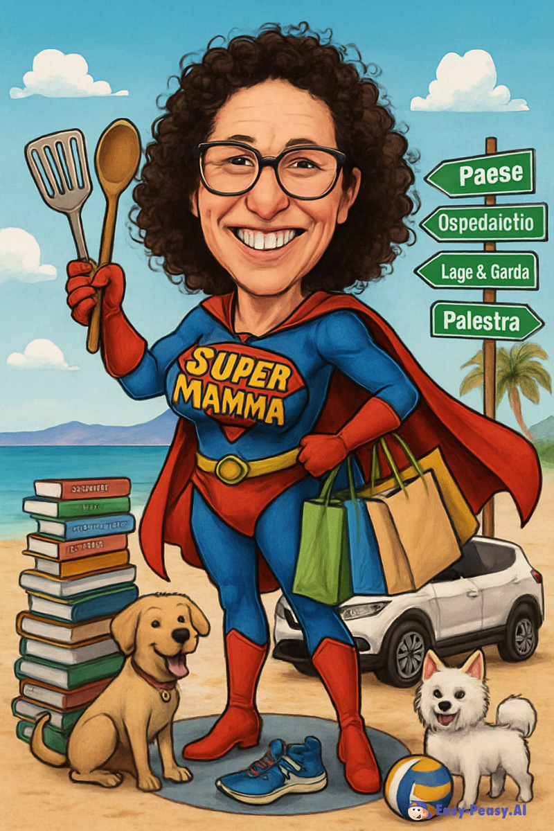 Fun Supermom Caricature Art with Beach Background Fun Supermom Caricature Art with Beach Background