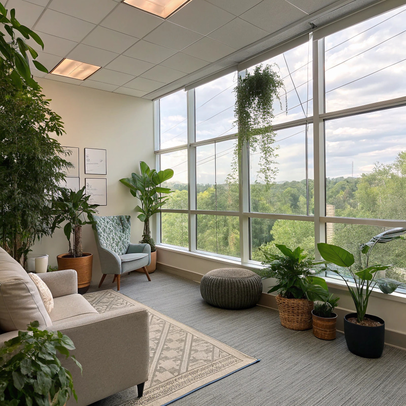 Calming Therapy Office with Natural Light & Plants Calming Therapy Office with Natural Light & Plants