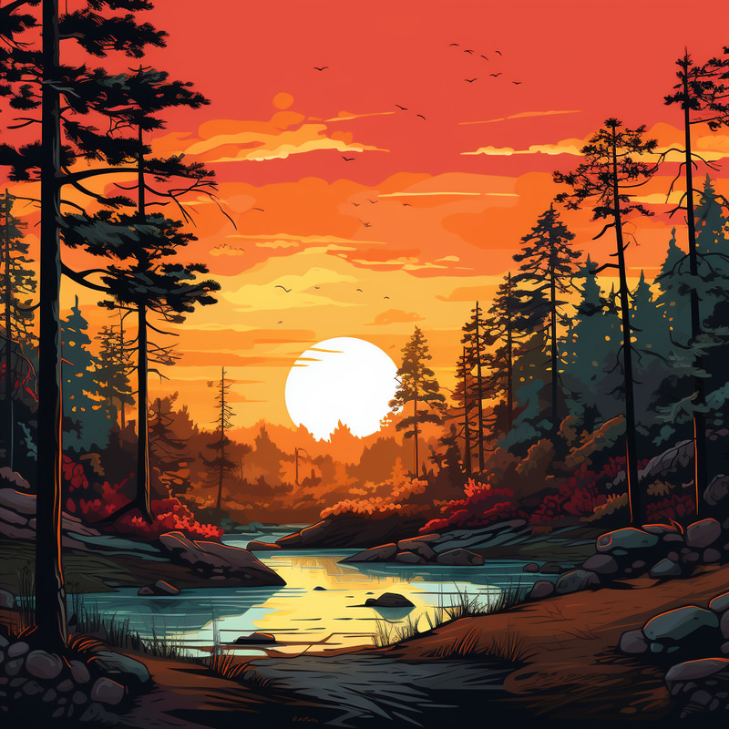Charming Cartoon Forest Sunset Art Charming Cartoon Forest Sunset Art