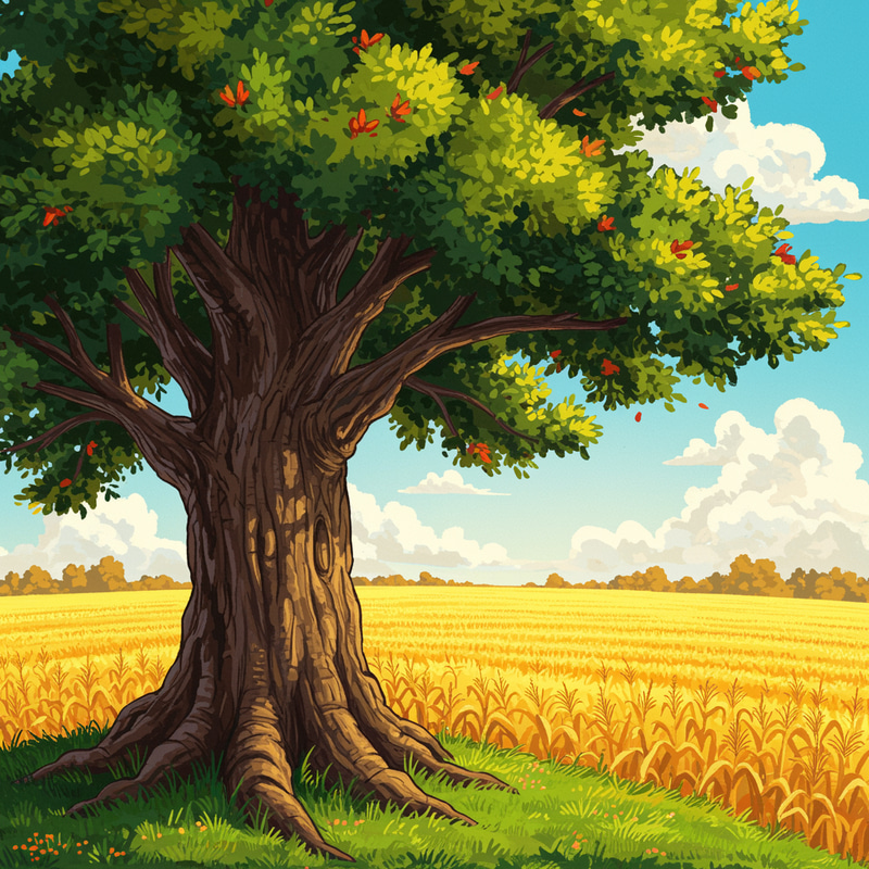 Cartoon Oak Tree Overlooking Corn Fields
