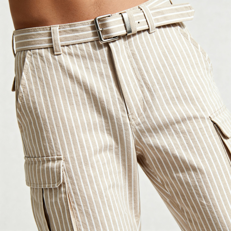 Chic White Striped Baggy Pants with Integrated Belt Chic White Striped Baggy Pants with Integrated Belt