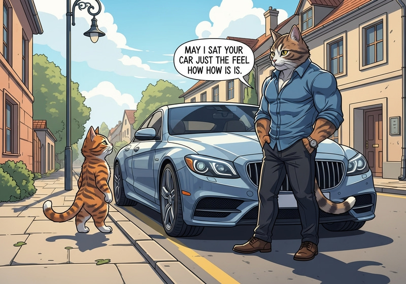 Curious Cat Meets Luxury Car in Cartoon Scene