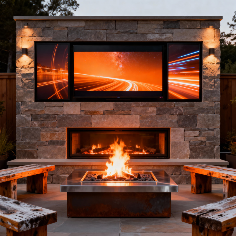 Stylish Media Wall with Firepit Stylish Media Wall with Firepit