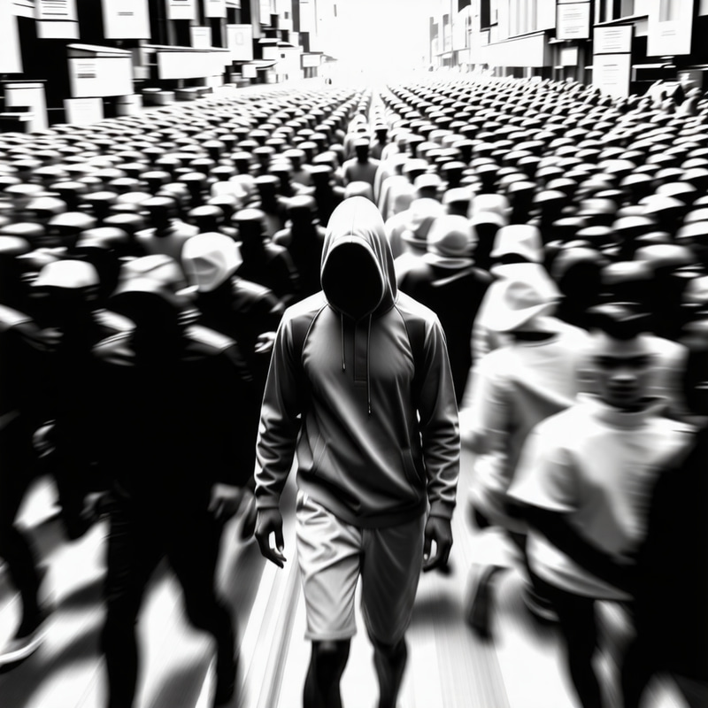 Mysterious Figure in Hood Surrounded by Blurry Crowd Mysterious Figure in Hood Surrounded by Blurry Crowd