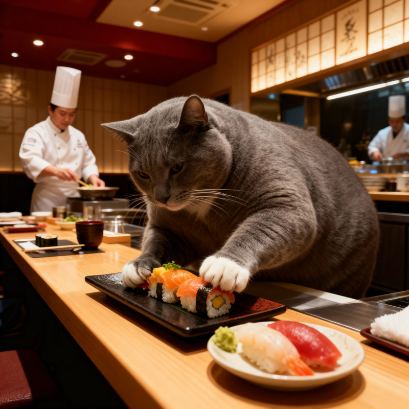 Plump Cat Stealing Sushi from Michelin Starred Restaurant