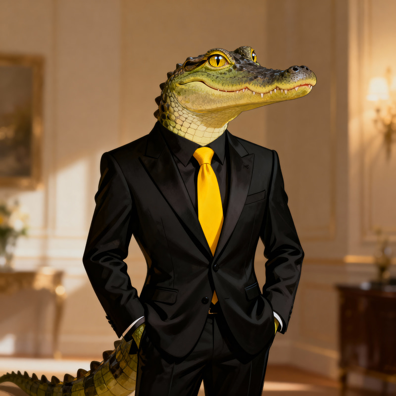 Elegant Crocodile in a Stylish Black Suit