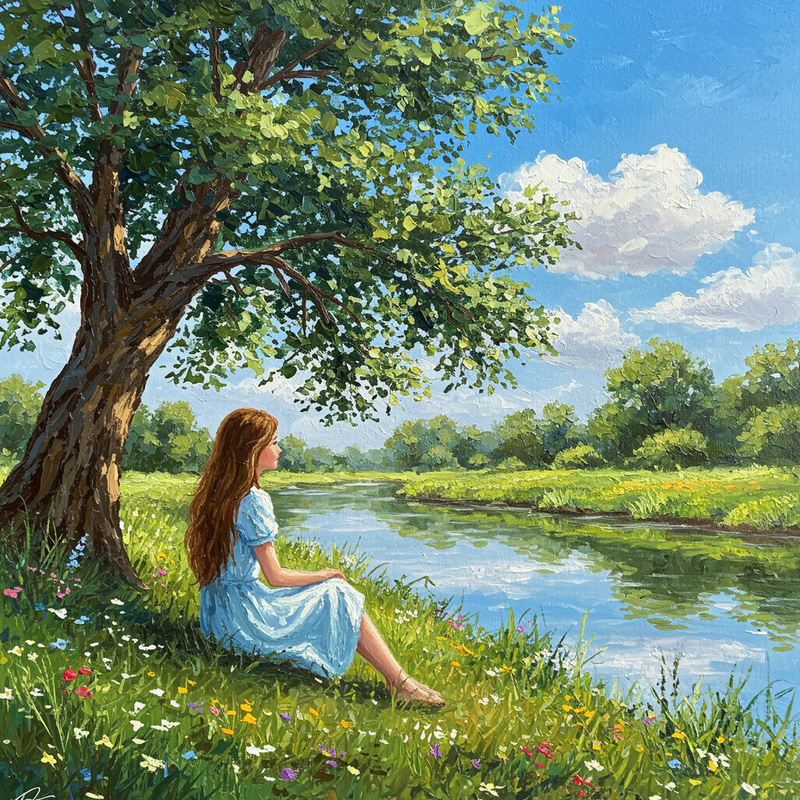Dreamy River Scene - Girl Under Tree in Oil Painting Dreamy River Scene - Girl Under Tree in Oil Painting