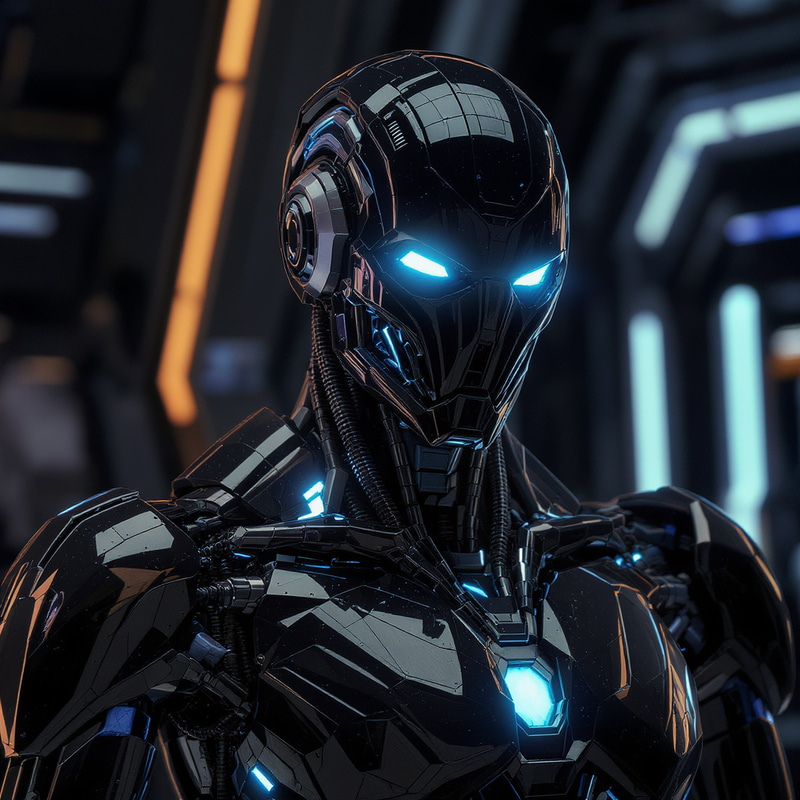 Futuristic Black Cyborg with Blue Accents