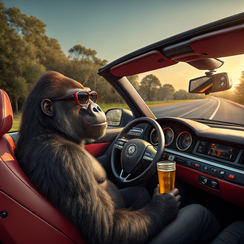 Gorilla Enjoying Beer in a Red Porsche Gorilla Enjoying Beer in a Red Porsche
