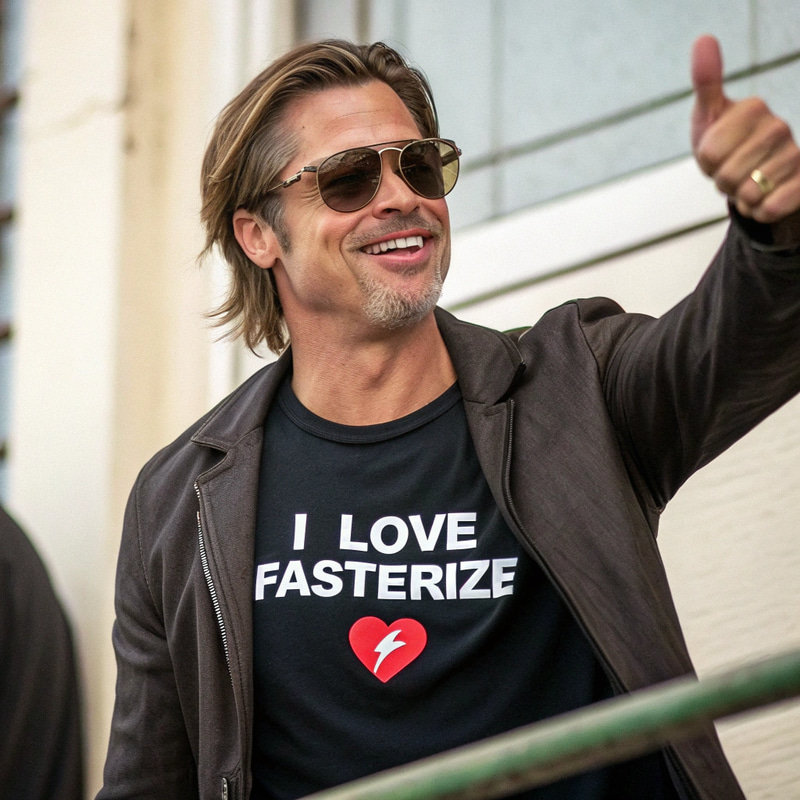 Brad Pitt in I Love Fasterize T-Shirt - Smiling Photo