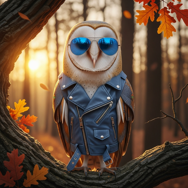Stylish Owl in Sunglasses and Blue Jacket Stylish Owl in Sunglasses and Blue Jacket