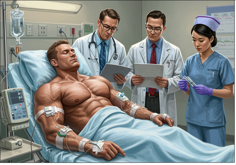 Realistic Hospital Scene with Bodybuilder and Doctors Realistic Hospital Scene with Bodybuilder and Doctors
