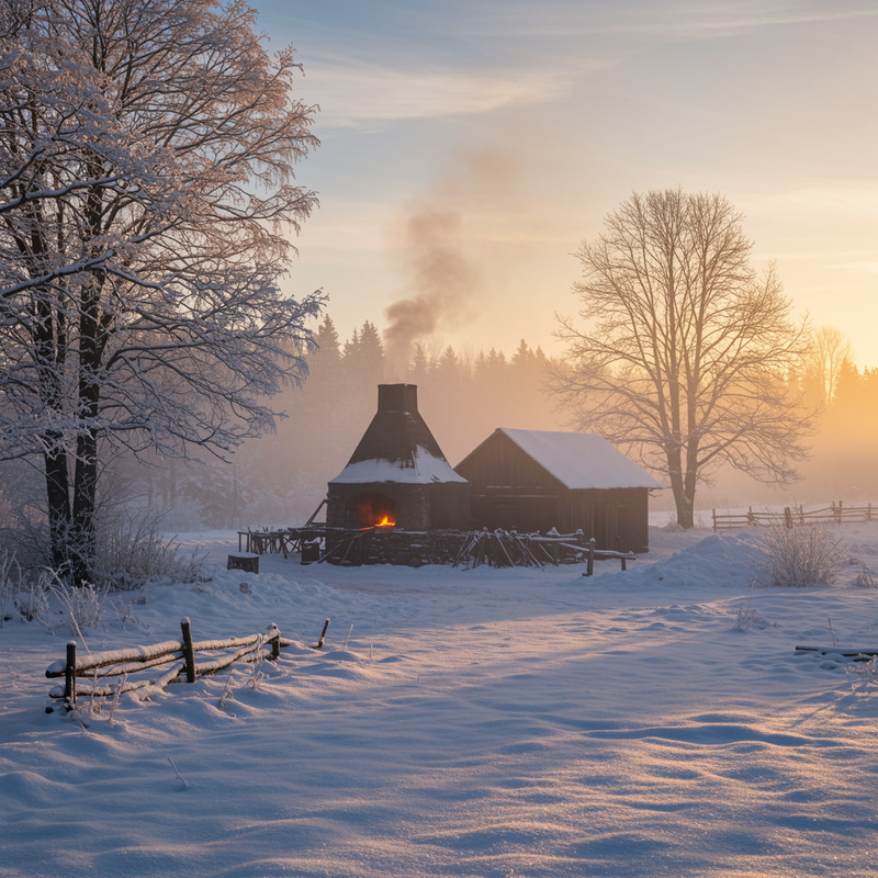 Serene Winter Landscape & Rustic Forge Scene Serene Winter Landscape & Rustic Forge Scene